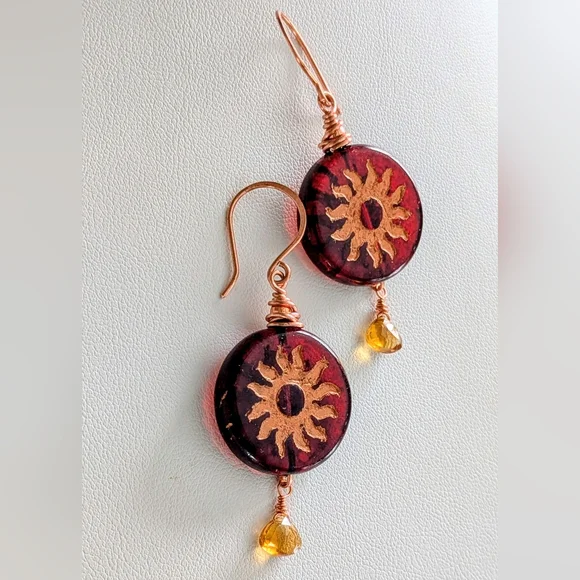 Celestial Sun Earrings Artisan Crafted Copper Wrap Congnac Citrine Drops - Picture 3 of 16